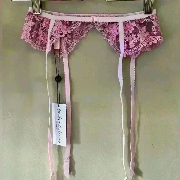 For Love & Lemons Pearl Embellished Garter Stocking Belt in Pink Lace XXS NWT - Picture 7 of 8